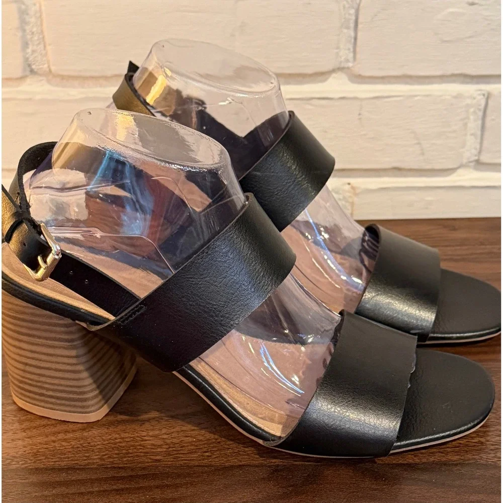 Old Navy Womens Black Faux Leather Double Strap Block Heel Sandals •10• Classic